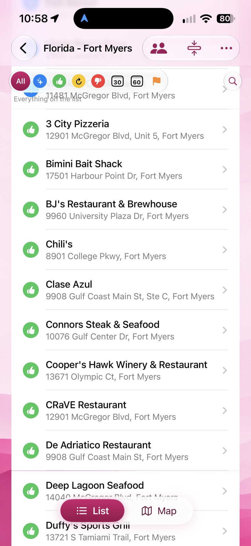 List view of Fort Myers restaurants marked Liked It, from 3 City Pizzeria to Duffy's Sports Grill
