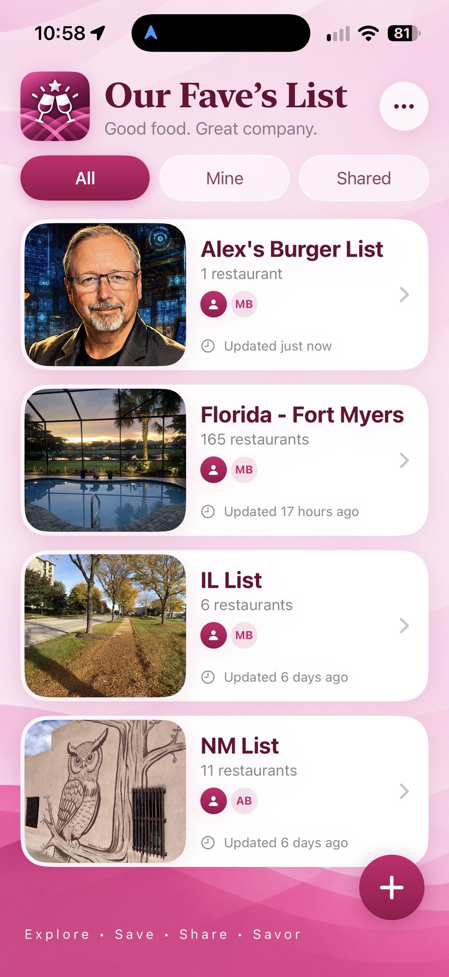 Our Fave's List home screen with shared lists: Alex's Burger List, Florida - Fort Myers, IL List and NM List