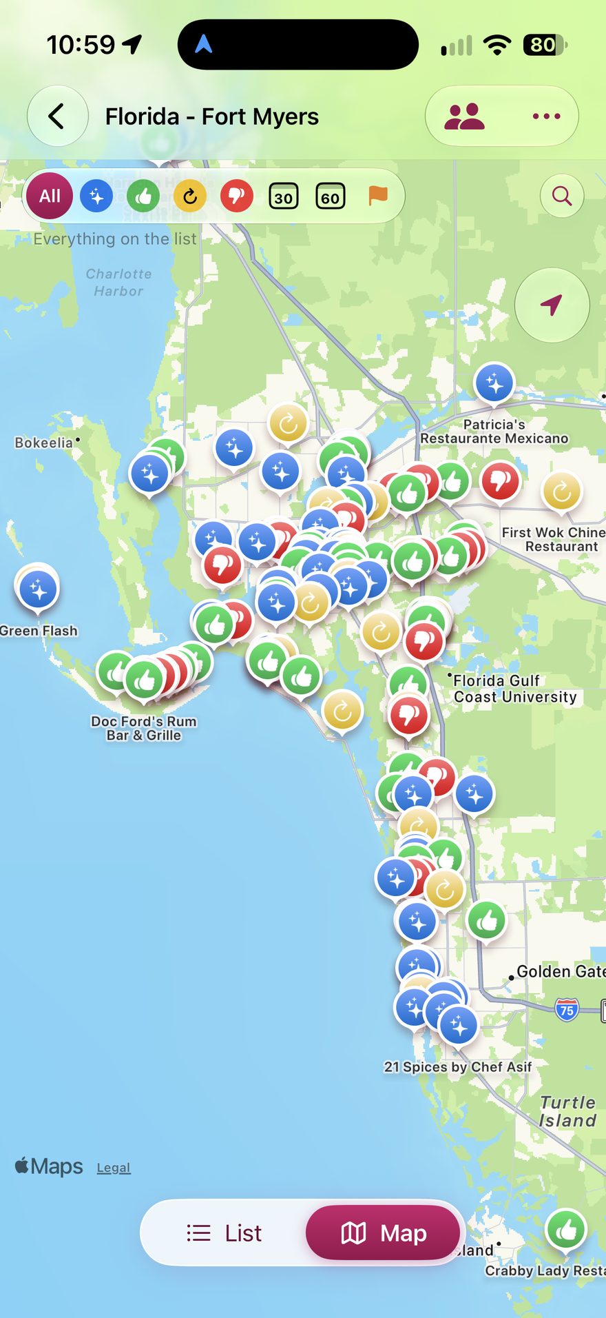 Map of Southwest Florida covered in color-coded restaurant pins: haven't tried, liked, try again and nope